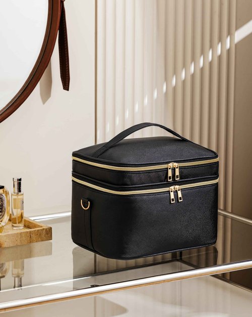 HBlife Extra Large Double Layer Travel Makeup Bag Portable Leather Cosmetic Bag Make Up Bag Makeup Case Organizer Toiletry Bag for Women Girls with Handle, Removable Divider and Shoulder Strap (Black)