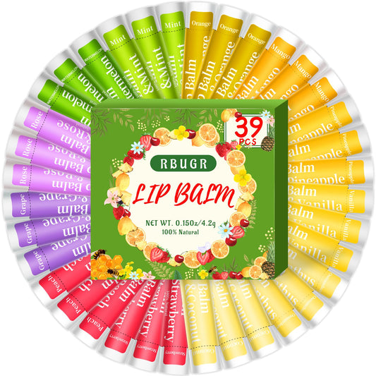 RBUGR 39 Pack of Lip Balm, 12 Flavored Lip Balm in Bulk Natural Lip Balm Set, Beeswax Moisturising & Soothing Lip Balms Bulk Gifts for Women Stocking Stuffers Party Favors(4.2g/0.15oz)