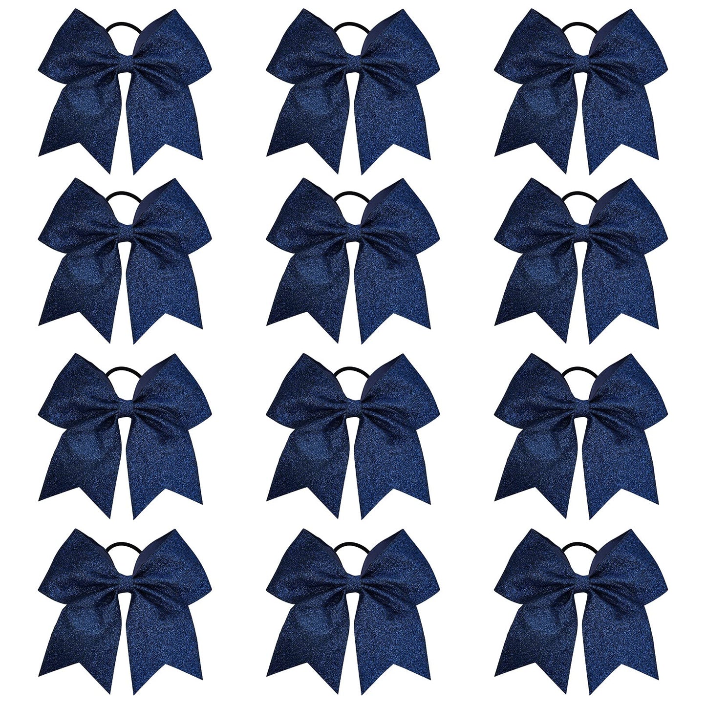 DEEKA 12 PCS 7" Large Glitter Cheer Bows Shiny Cheer Hair Bows Ponytail Holder Handmade for Cheerleader Girls Softball Sports -Navy Blue