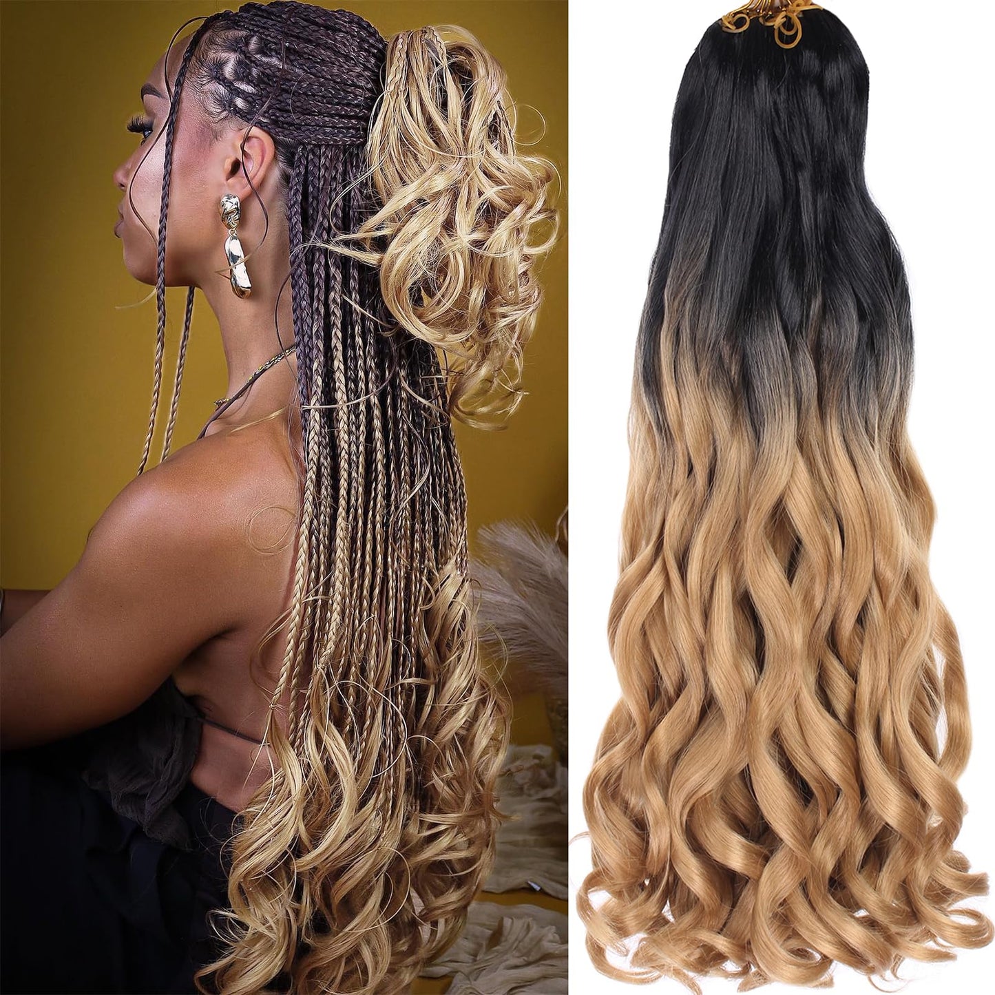 COOKOO 9 Packs Ombre Blonde French Curly Braiding Hair 22 Inch Loose Wavy Spanish Curly Braids Hair with Curly Ends Bouncy Braids Hair 75g/Pack French Curls Braids Synthetic Hair Extensions 1B/27#