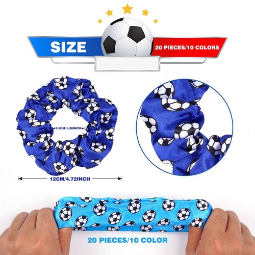 Kolewo4ever Soccer Party Favor Set with 20 Pcs Satin Soccer Scrunchies Hair Ties,20 Pcs Adjustable Soccer Bracelet and 100 Pcs Soccer Stickers Soccer Birthday Party Decoration for Sports Themed Party