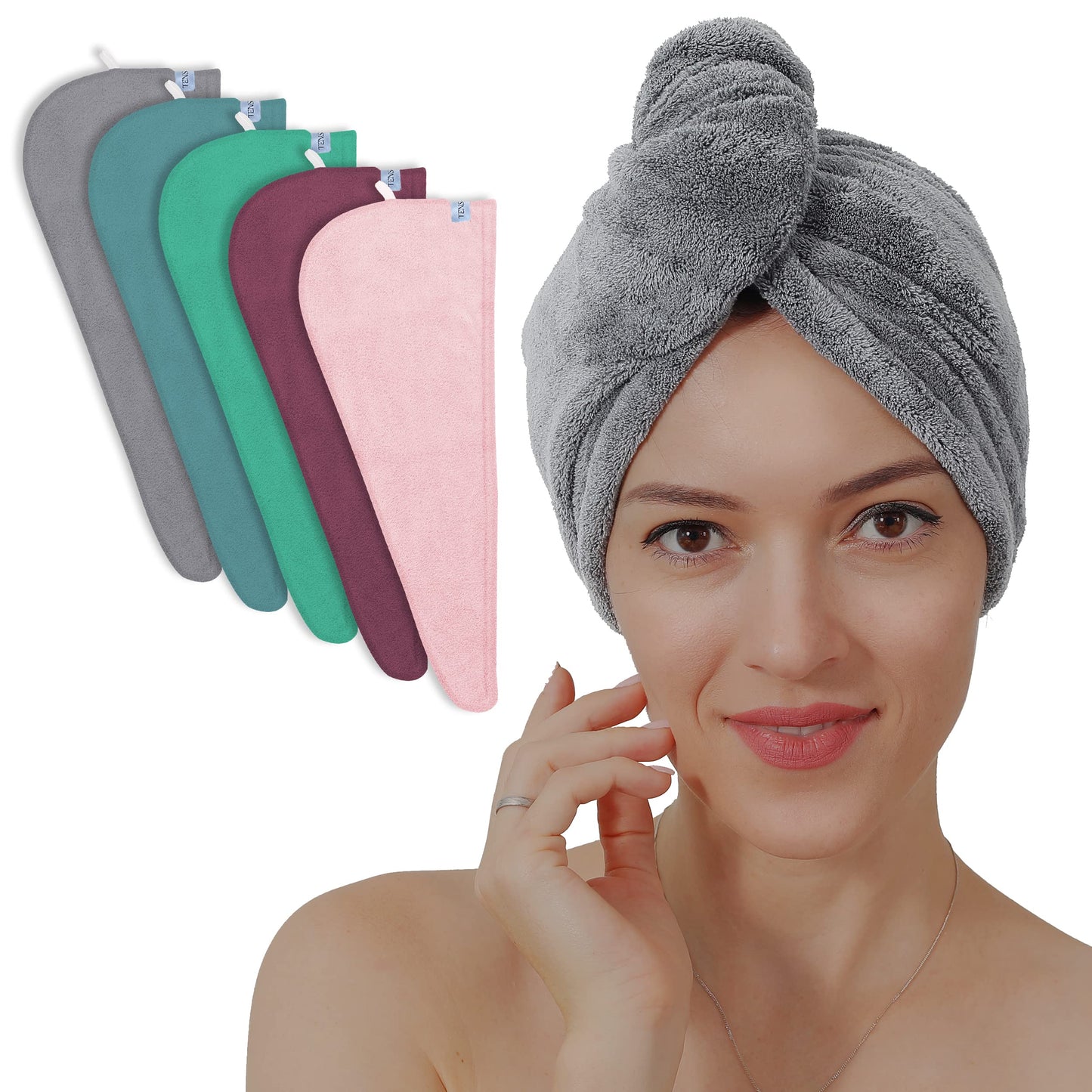 TENSTARS 5 Pack Thicken Microfiber Hair Towel Wrap for Women - Elastic Loop Design - 320GSM Coral Velvet - Quick Dry Hair Turban - 11x28 Inch (Aqua Green+Pink+Burgundy+Teal+Grey)