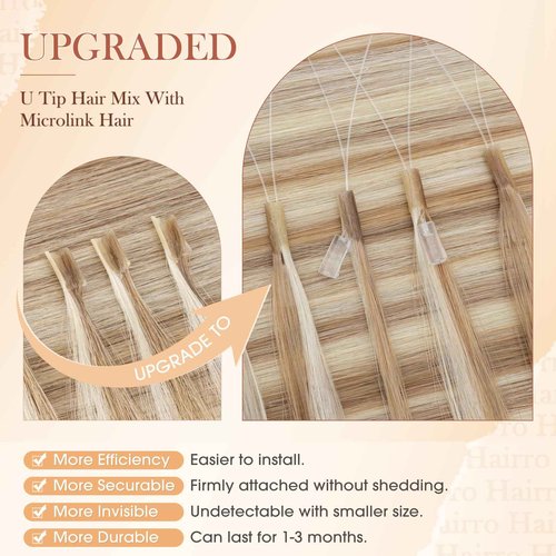 Hairro U Tip Human Hair Extensions Micro Ring Keratin Glue U-tip Hot Fusion Remy Hair Balayage Highlight Color 16 inch 50g 50 Strands #12P613 Golden Brown Mix Bleach Blonde