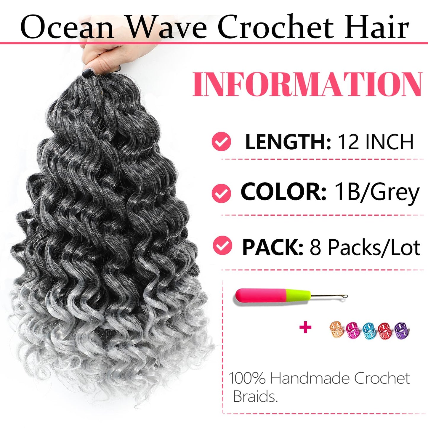 Ocean Wave Crochet Hair 12 Inch 8 packs Deep Wave Crochet Hair Synthetic Curly Crochet Braiding Hair for Black Women (12 Inch, 8 packs, T/Grey)