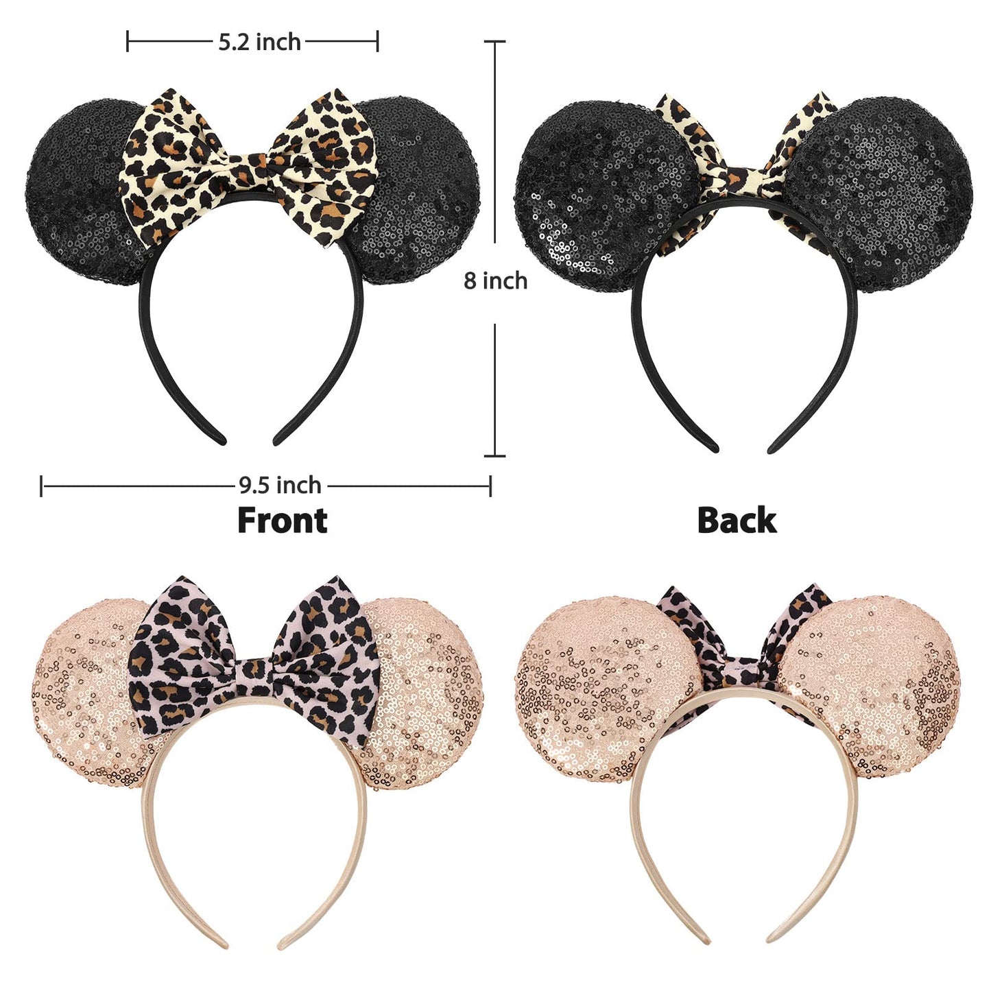 UNSPAZ Leopard Mouse Ears Headbands, 2 PCS Leopard Cheetah Mouse Ears Glitter Leopard Print Headbands for Women Girls Boys, Sequin Animal Ears Bow Headband for Cosplay Costume (Black&Champagne)