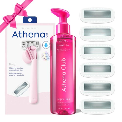 Athena Club Women's Razor Shave Kit, 1 Rose Razor Handle + 6 Blade Refills + Super Pink Glossy Shave Oil
