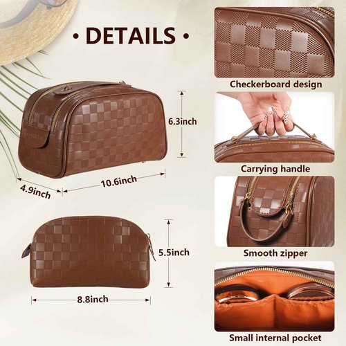 Eowihor 2 Pcs Makeup Bags Set, Large Capacity Makeup Organizer for Women, PU Leather Make Up Bag Portable Travel Toiletry Bag, Stylish Tessellated Cosmetic Bag Two Sizes to Match With Your Heart