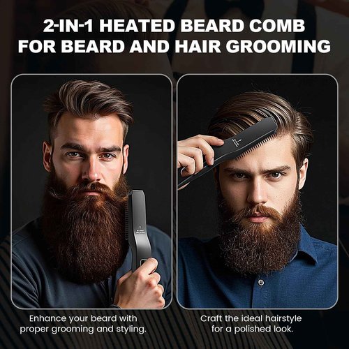 TUIREL Beard Straightener for Men, 2 in 1 Heated Beard Brush, 6 Temperature Settings LCD Display Anti-scalding Hot Comb for Beard Care Kit for Men Gifts Set