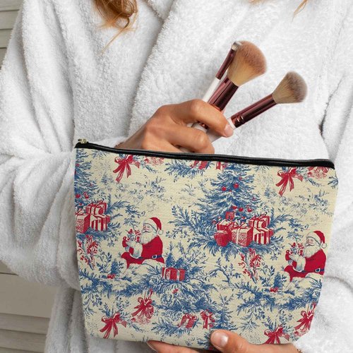 ignytiger Vintage Blue Chinoiserie Christmas Santa Makeup Bag, Santa Gifts Cosmetic Bags for Women, Grandmillennial Christmas Canvas Makeup Bag Santa Holiday Gifts Zipper Pouches for Purse