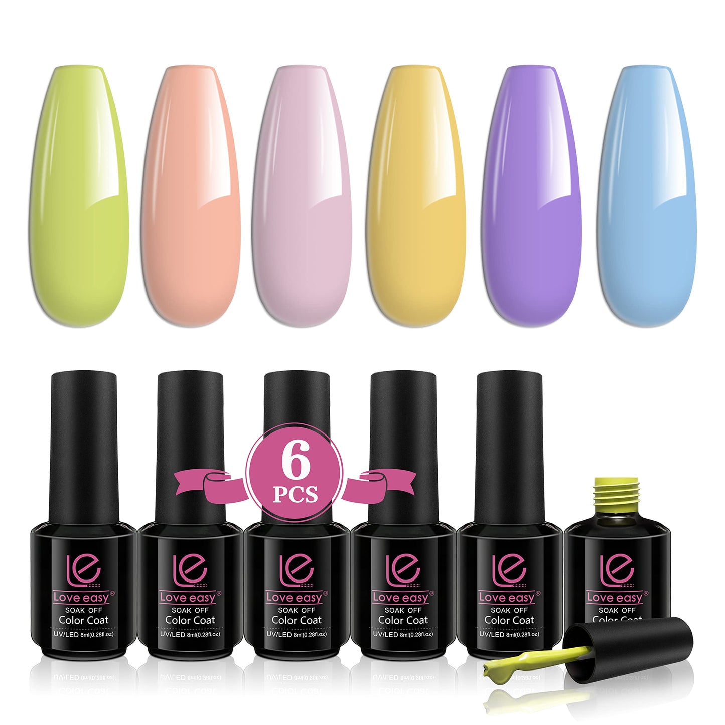 le love easy 6Pcs Nail Gel Polish Set, Gel Polish Set Pink Purple Blue Green Yellow Nails Gel Polish,for Women Nail Art Gifts Sets