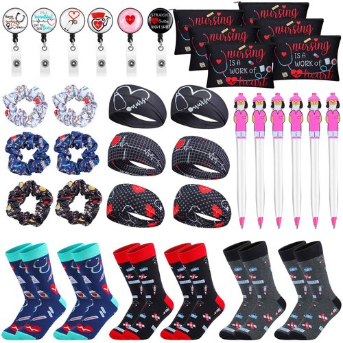 Colarr 36 Pcs Nurse Appreciation Gift Set Include Nurse Makeup Bag Nursing Headbands Hair Nurse Scrunchie Nurses Socks Nurse Ballpoint Pens Nurse Badge Holder Reel Nurse Week Day Gifts for Nurse