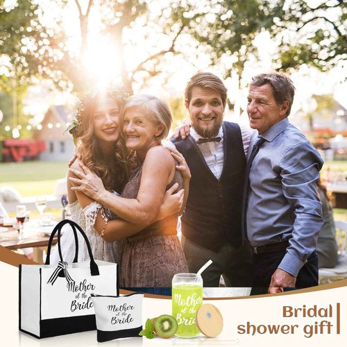 Zubebe 3 Pcs Bride Gifts for Bachelorette Party Bridal Shower Wedding Gift Set Include Glass Cup Canvas Tote Bag Makeup Bag(Mother of the Bride)