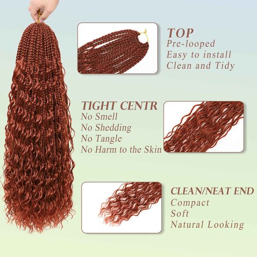 Miuric Boho Box Braids Crochet Hair for Black Women 24 Inch 7 Packs Goddess Box Braids Crochet Hair Pre-Looped with Curly Ends Reddish Brown Bohemian Synthetic Briading Hair Extensions