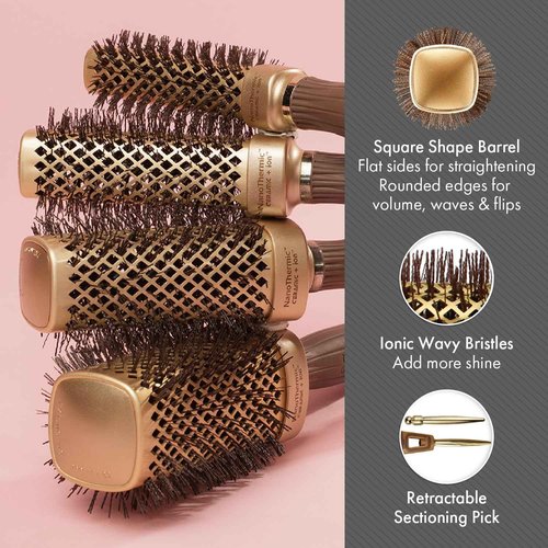 Olivia Garden NanoThermic Ceramic + Ion Square Shaper Thermal Hair Brush - Not Electrical - Professional Blowout Brush for Normal to Thick Hair - 1.125"-Diameter Barrel - NT-S30