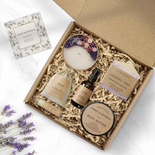 Daze Naturals Bath Gift Set, Spa Gifts for Women, Self Care Products for Women, Lavender & Cream Soap Bar, Calm Pillow Mist, Bath Bomb & Shower Steamer, Body Butter and Lip Balm