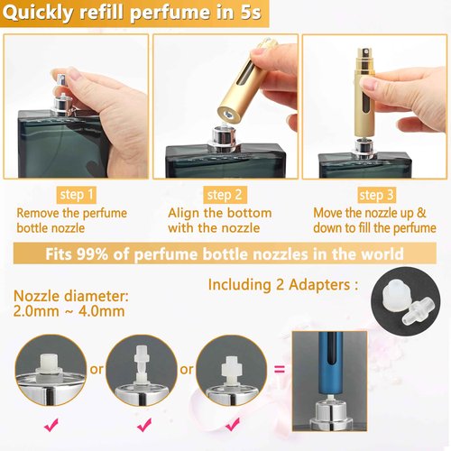 ANTOKX Perfume Travel Refillable Atomizer - 3-Pack 5ML Pocket Perfume Bottle, Travel Perfume Atomizer Refillable Perfume Spray Bottle, Portable Perfume Sprayer (Black & Gold & Silver)