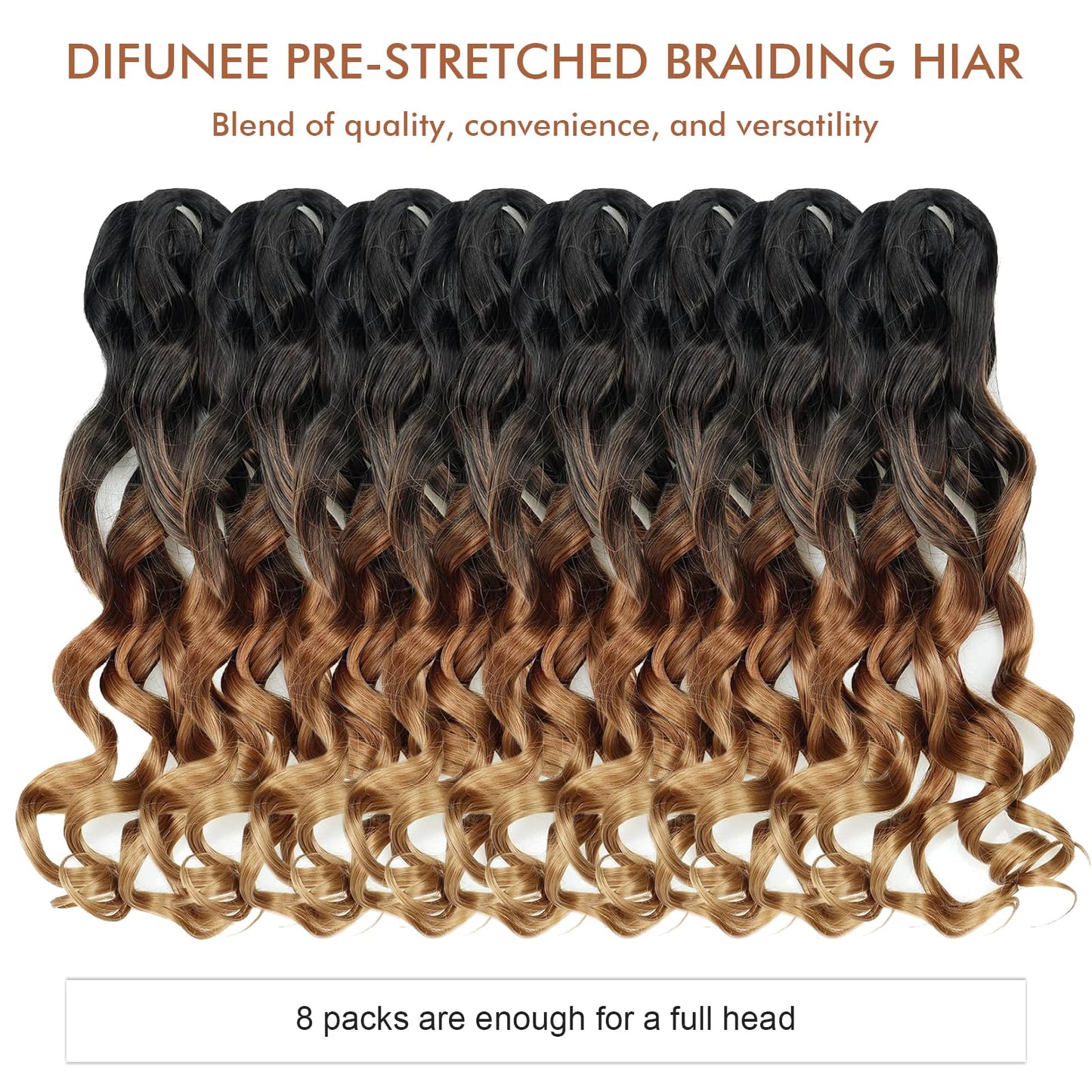 DIFUNEE French Curly Braiding Hair - 20 Inch 8 Packs Ombre Brown 3 Tones Pre-Stretched French Curl Braiding Hair, Loose Wavy Bouncy Synthetic Crochet Hair Extensions (20 Inch, OT30/27-8P)