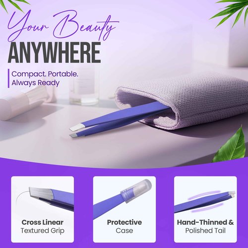 Slanted Stainless Steel Tweezers for Men & Women - Precision Eyebrow Tweezers for Facial Hairs, Strong Grip, Fine Tip, Professional Tweezer for Plucking & Grooming (Purple)
