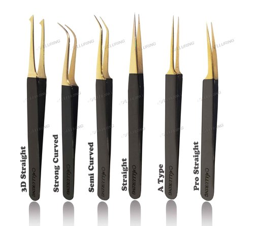 Alluring Black with Gold Tip Tweezers for Eyelash Extension - Pro Straight