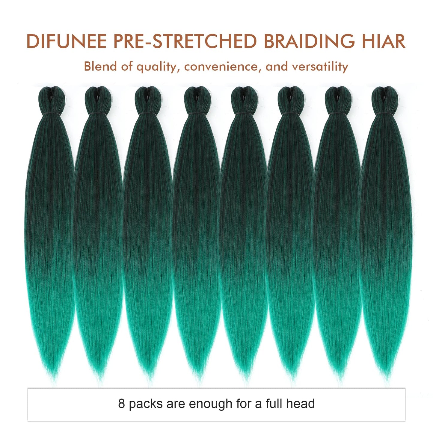 DIFUNEE Pre-stretched Braiding Hair - 16 Inch 8 Packs Ombre Green Short Braiding Hair For Twist or Box Braids, Yaki Texture Hot Water Setting Synthetic Braiding Hair Extensions (16 Inch, T-Green-8P)