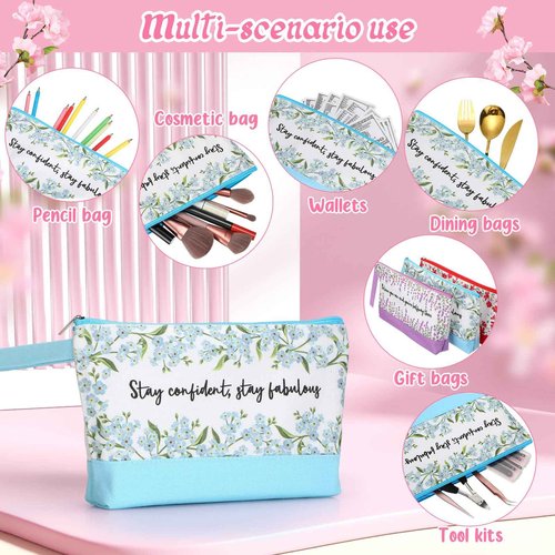 Silkfly 15 Pcs Flower Canvas Makeup Bags Bulk 10.2 x 5.5 x 2 Inches Inspirational Canvas Cosmetic Bag Spring Travel Toiletry Pouch with Zipper Inspirational Gifts for Women
