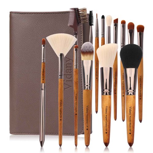 Vidany Makeup Brush Set,15pcs Walnut Wooden Makeup Brushes With Leather Button Bag, Professional Makeup Brushes For Foundation Concealer Kabuki Blush Eyeliner Shadow Brow, Makeup Brush Sets & Kits