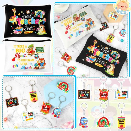 HOWAF 16 Pcs Teachers Appreciation Gift Set, 4pcs Thank You Teacher Makeup Cosmetic Bags 12pcs Teacher’s Key Chain for Graduation End of Year Gift for Teacher Women, Teacher’s Day Gift Set