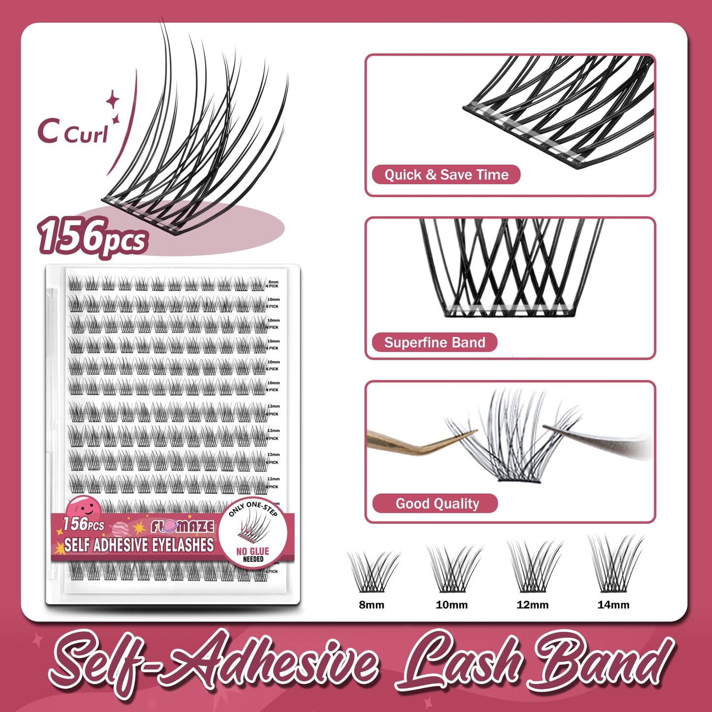 FLOMAZE Self Adhesive Eyelashes, 156 PCS Self Adhesive Eyelash Clusters, No Glue Needed, Glue Strips Individual Lash Extension Super Sticky Reusable False Lashes (Natural-Mixed)