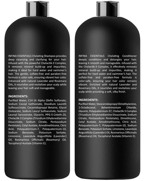 INFINA ESSENTIALS Chelating Hard Water Shampoo and Conditioner Set with Chelactik-3 & Rosemary Oil - Color Safe Metal Detox Shampoo and Conditioner for Mineral Build-Up & Swimmers Hair - 16 fl oz each
