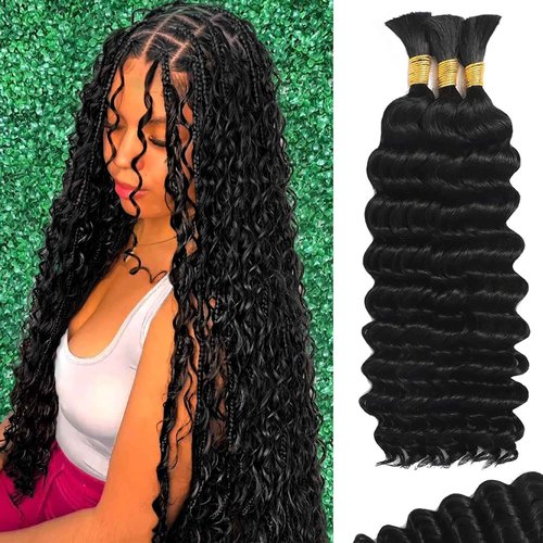 MUXFILLA 18 Inch Human Boho Braiding Hair, Deep Wave Bulk Hair Extension 100g Knotless No Weft 100% Virgin Hair 3 Bundles/Pack, Natural Black