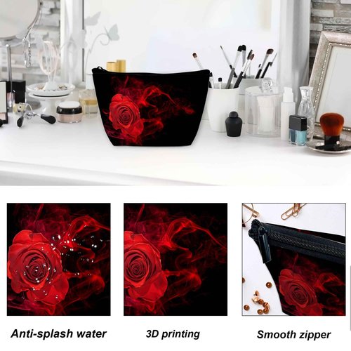 DEMACYA Makeup Bag for Purse, Waterproof Funny Abstract Red Rose Cosmetic Bag for Women, Zipper Travel Toiletry Pouch with Black Leaves Gift 9.5×5.9 Inch