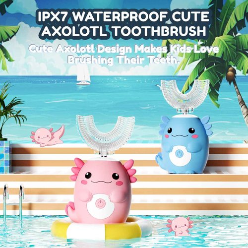 PVOGRT Kids Electric U Shaped Toothbrush - Axolotl Kids Sonic Toothbrush with 6 Brush Head Automatic Rechargeable 6 Cleaning Modes Full Mouth Cleaning-Pink