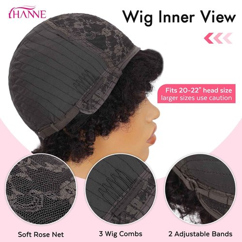 HANNE Short Afro Wig for Black Women 100% Human Hair Tight Curly Wig Short Curly Wig (Black)