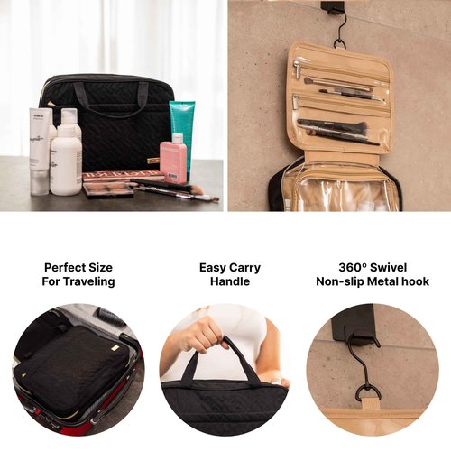 Carrywell |Not Made In China| Hanging Toiletry Travel Bag For Women, Makeup Organizer Case, Water-Resistant Cosmetic Bag For Full-size Containers, Toiletries (Black, Medium)