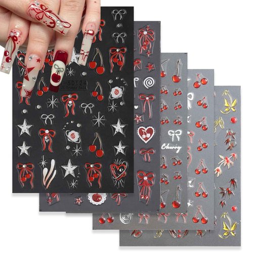 SUTOKAKA Cherry Nail Art Stickers 5 Sheets Self-Adhesive Embossed 5D Red Cherry Bowknot Nail Decals Cute Fruit Summer Autumn Nail Decorations for DIY Nail Art Design