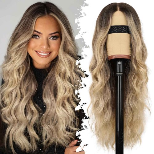 Eawwii Ombre Blonde Wig for Women Long Wavy 4x1 Lace Natural Hairline Glueless for Beginners Middle Part Synthetic for Daily Party Use 26Inch