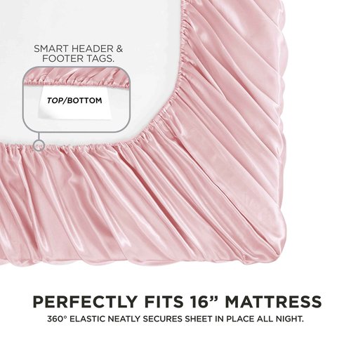 Juicy Couture Queen Size Satin Bed Sheet Set, Deep Pocket Silky Satin Queen Sheet Set with 1 Fitted Sheet, 1 Flat Sheet and 2 Pillow Case, Wrinkle Resistant and Anti Pilling - Pink