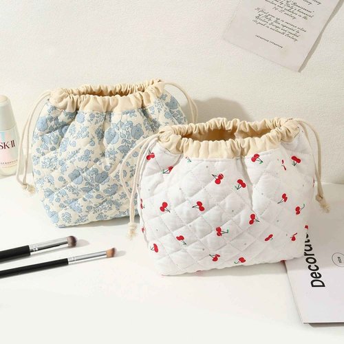 SURBEAV Aesthetic Cotton Quilted Drawstring Makeup Bag - Cute Travel Toiletry Organizer with Canvas Lining, Lightweight and Durable Cosmetic Pouch for Women Girls (Navy blue flower)