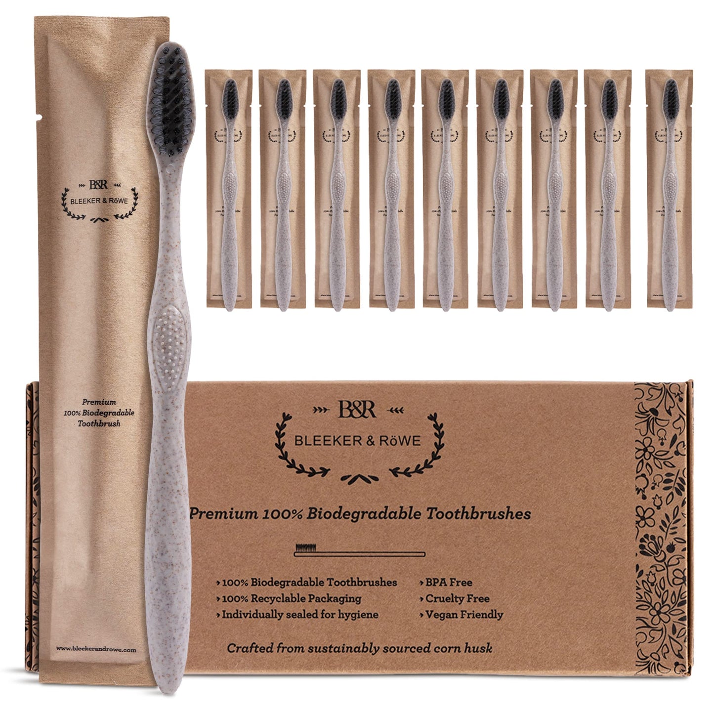 Bleeker and Rowe Biodegradable Eco-Friendly Toothbrushes - Individually Sealed - BPA Free Soft Bristles - Sustainable - Recycled Packaging (Pack of 10)