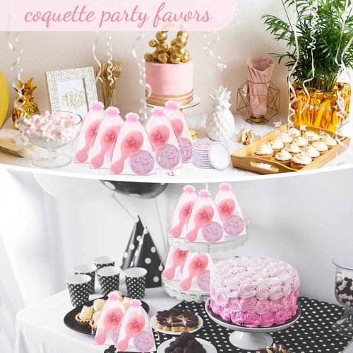 Wonderjune 24 Set Coquette Bow Party Favor Compact Mirror Pink Mini Hair Brush Organza Bag Inspirational Aesthetic Preppy Gift for Women Christmas Birthday Bridal Baby Shower Wedding Party Decoration