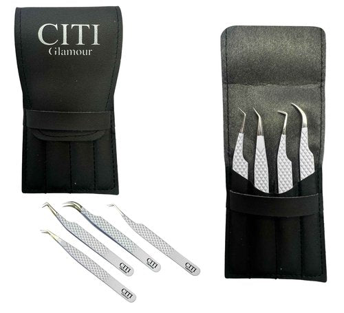 CITI GLAMOUR Lash Tweezers For Eyelash Extension set of 4 with Diamond Grip and Precise Fiber Tip For Volume,Mega Volume And Classic Lashes,Ideal for Lash Artist and at home use