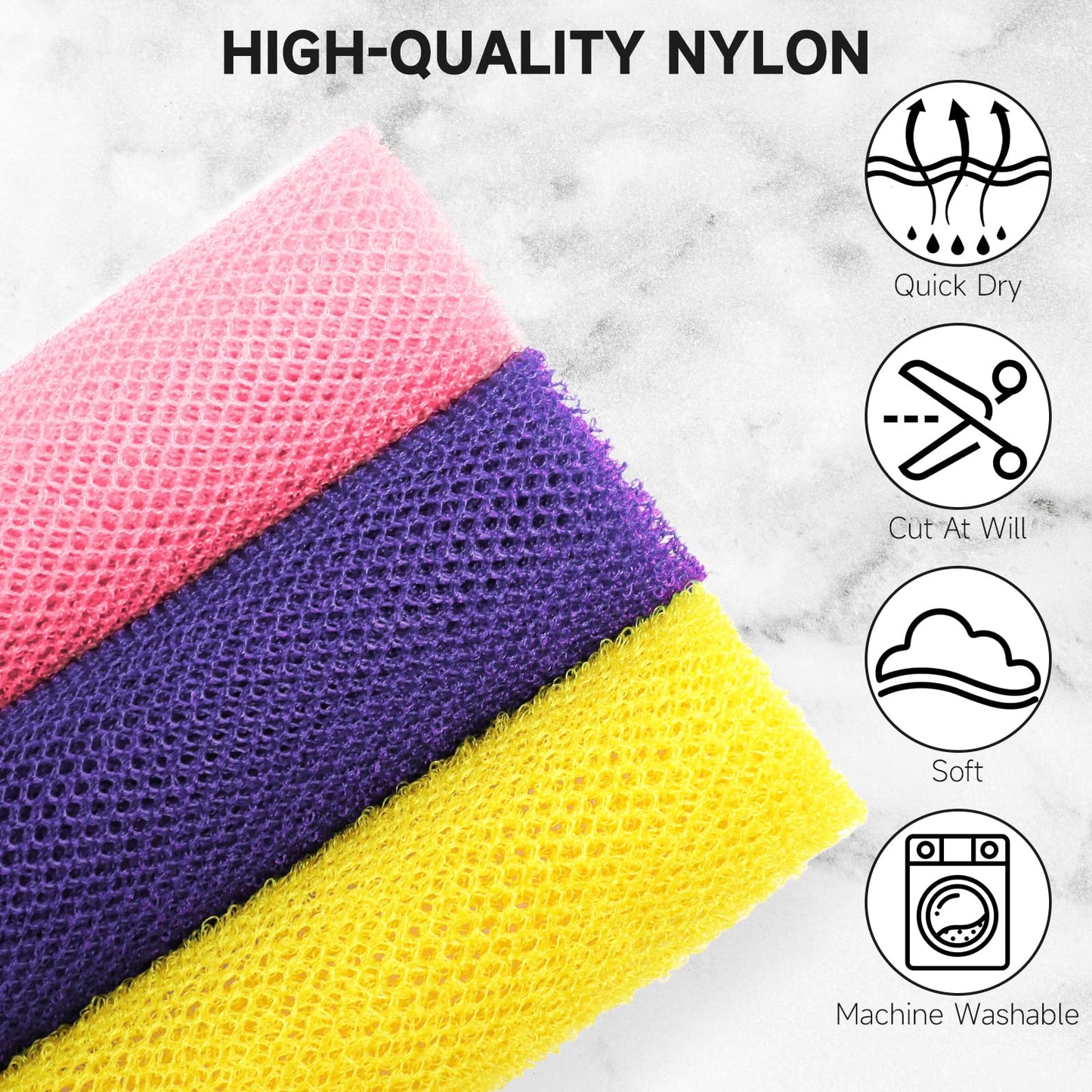 Metene 3 Pieces African Exfoliating Net, Colorful African Net Cloth, Long African Net Sponge Body Scrubber for Use in Shower, Bath Shower Wash Cloth for Skin Smoother Daily Use (Pink,Purple,Yellow)