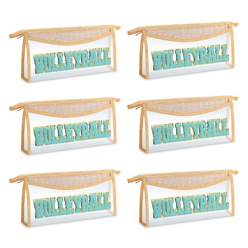 SilTriangle 6 Pcs Volleyball Makeup Bag for Women Christmas Straw Initial Letter Personalized Cosmetic Bag Cute Chenille Makeup with Zipper Travel Toiletry Gift for Women Girls Birthday Friend