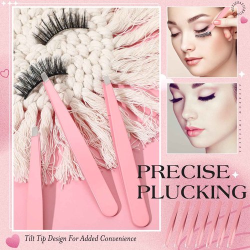 Lasnten 64 Pieces Eyebrow Tweezers for Women Men Slanted Precision Stainless Steel Tweezers Facial Hair Removal Ingrown Hair Eyelash Extension Plucking Blackhead(Pink)