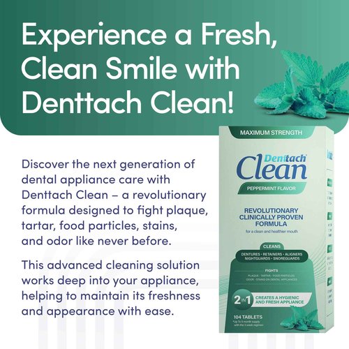 Denttach Clean Retainer Cleaner Tablets, Denture Cleaning Tablets, Maximum Strength Denture Cleaner for Ultra Fresh Dentures, Night Guard Cleanser, Eliminates Stains, Peppermint 104 Count Pack of 2