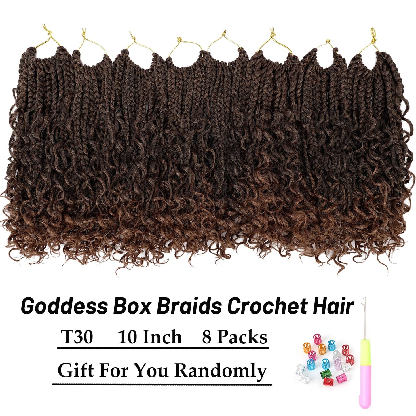 Goddess Box Braids Crochet Hair 10 Inch 8 Packs Pre-looped Bohemian Crochet Boho Box Braids With Curly Ends 3X Crochet Braids Hair for Women Synthetic Braiding Hair (10 inch, T30)