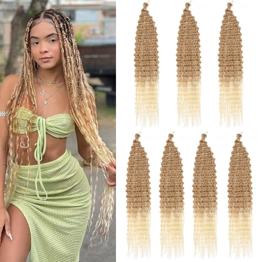 ZRQ 30 Inch Deep Wave Crochet Hair 7Packs Ombre Blonde Ocean Wave Crochet Hair Curly Wavy Long Deep Twist Crochet Hair Synthetic Braiding Hair Extensions For Women #T26/613