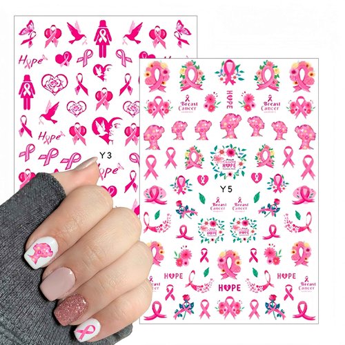 Breast Cancer Awareness Nail Art Stickers Pink Ribbon Nail Decals 3D Self Adhesive Nail Decals Butterfly Heart Flower Design Nail Sticker Breast Cancer Nail Supplies for Women Decoration 6 Sheets