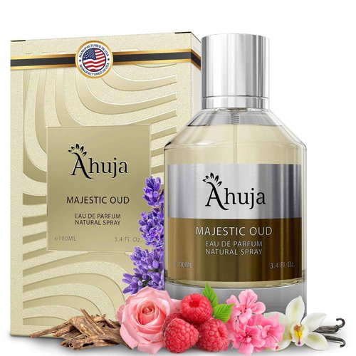 AHUJA Majestic Oud Eau De Parfum For Men & Women 3.4 fl oz, Long Lasting Luxury Fragrance for Him and Her, Unisex Perfume Enduring Nature Scents - Oud, Vanilla, Raspberry, Rose, Peony, Wood, Patchouli