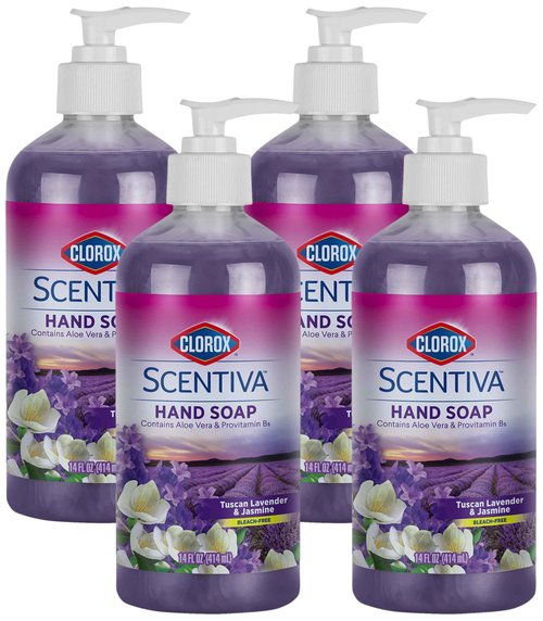 Clorox Scentiva Liquid Hand Soap 14 oz Liquid Hand Wash with Aloe Vera Vitamin B5 BleachFree Scented Hand Soap for Kitchen or Bathroom, Tuscan Lavender & Jasmine, 1 Count (Pack of 4)
